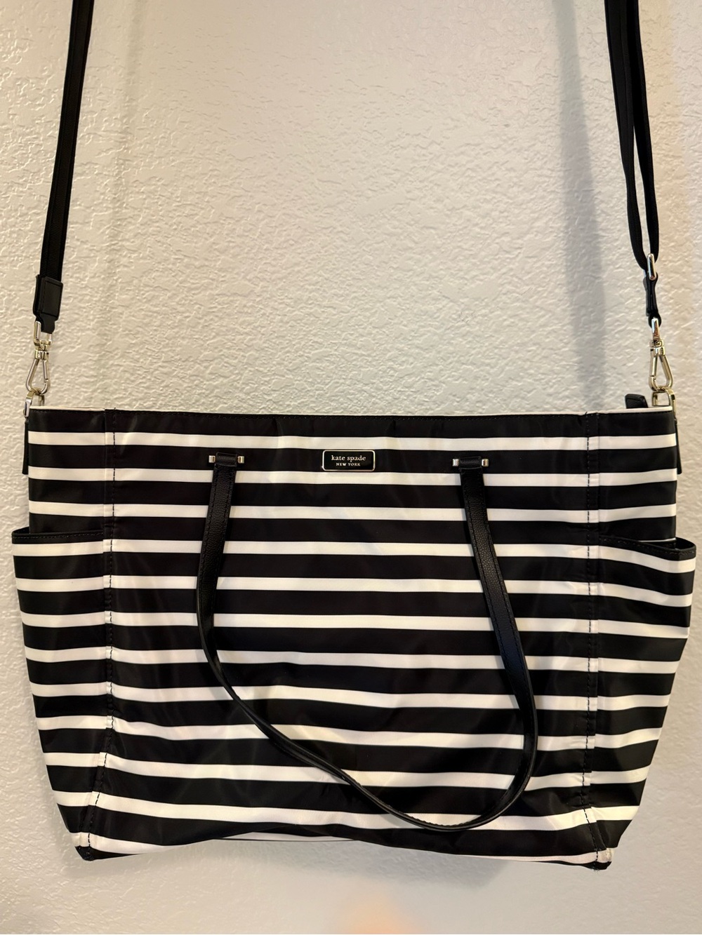 Kate Spade New York Black White Stripe Nylon Diaper Bag + Changing Pad